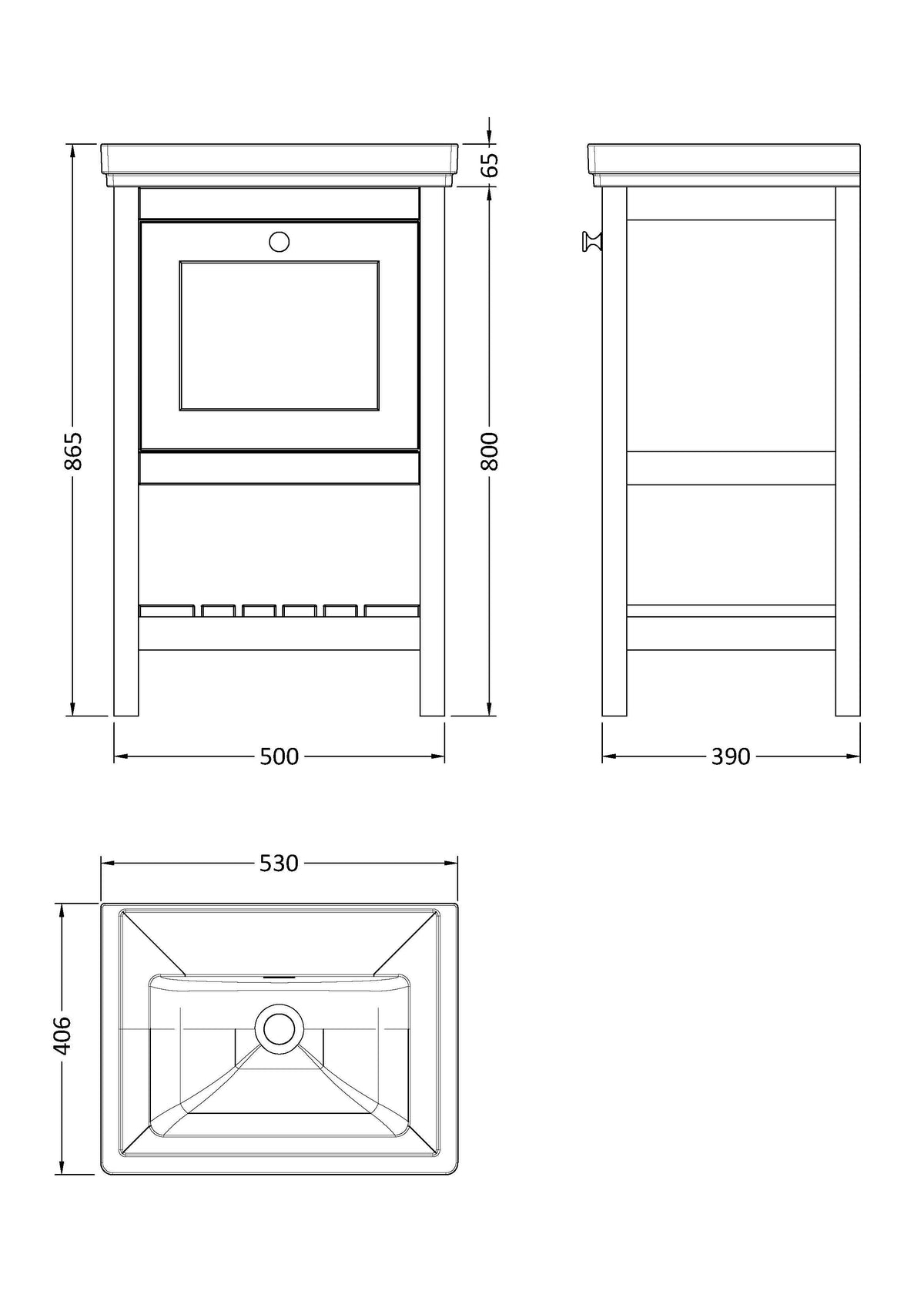 Old London Bexley Floor Standing 1 Drawer Vanity without Tap Hole Fireclay Basin, Stylish Vanity Unit with Basin, Indigo Blue, 500mm