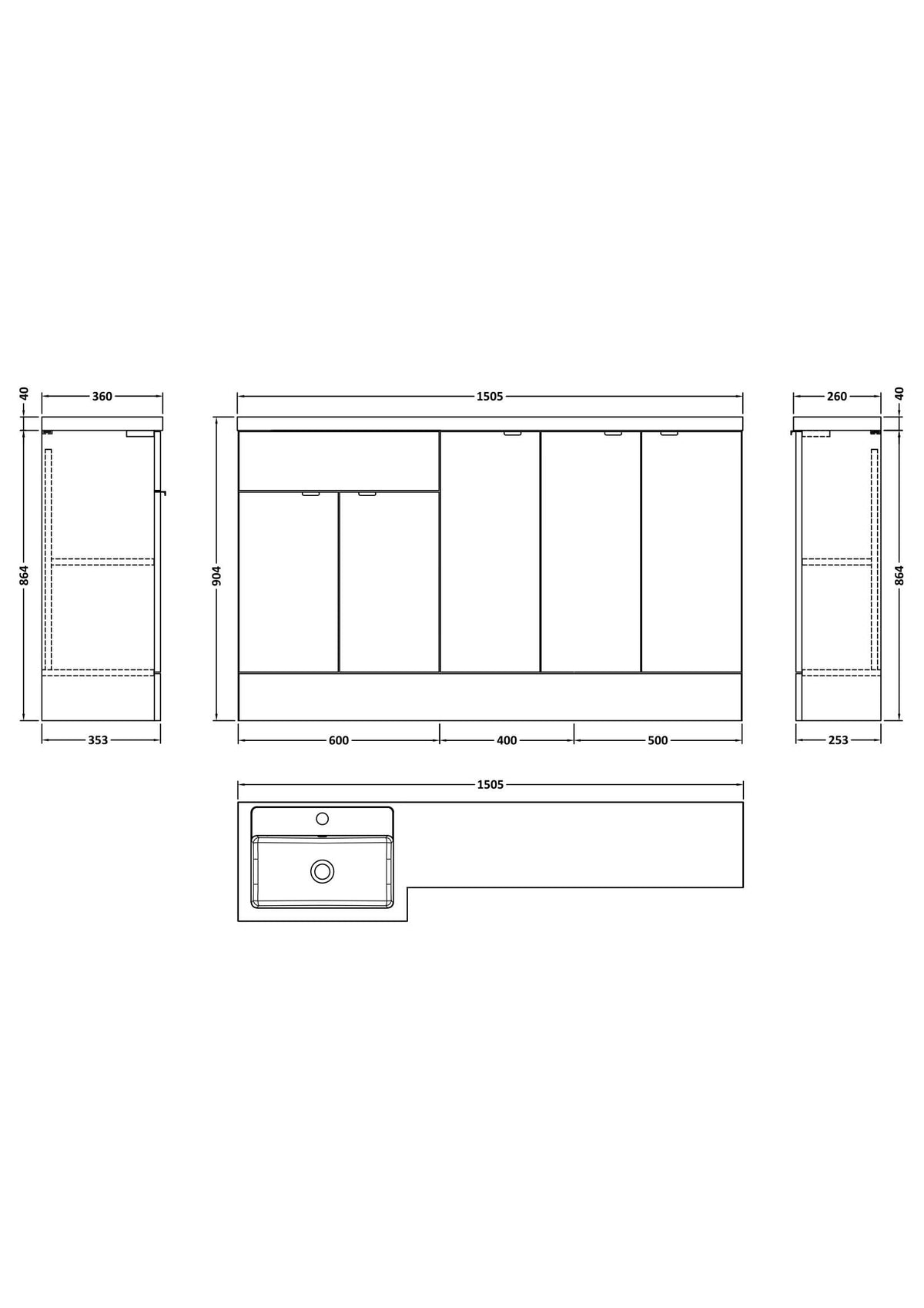 Hudson Reed Fusion Floor Standing 5 Door Vanity Basin Left Hand Combination, Stylish Bathroom Storage Unit, Gloss Grey, 1500mm