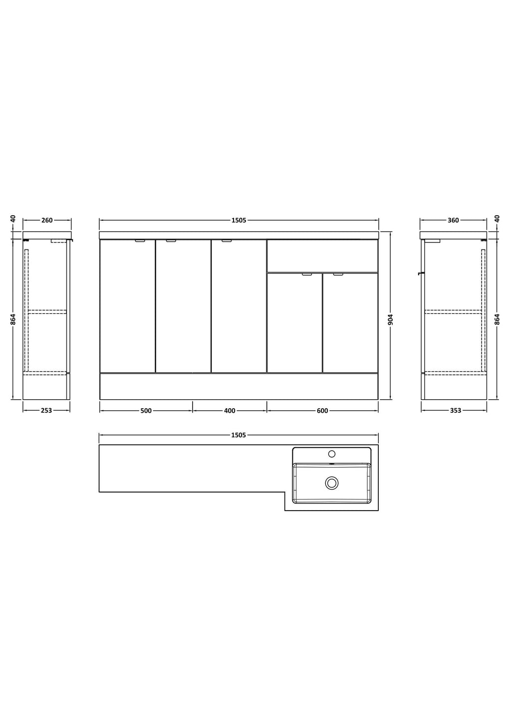 Hudson Reed Fusion Floor Standing 5 Door Vanity Basin Right Hand Combination, Stylish Bathroom Storage Unit, Gloss Grey, 1500mm