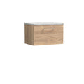 Nuie Arno Wall Hung 1-Drawer Vanity & Bellato Grey Laminate Worktop, Stylish Counter Top Vanity Unit in Bleached Oak, 600mm