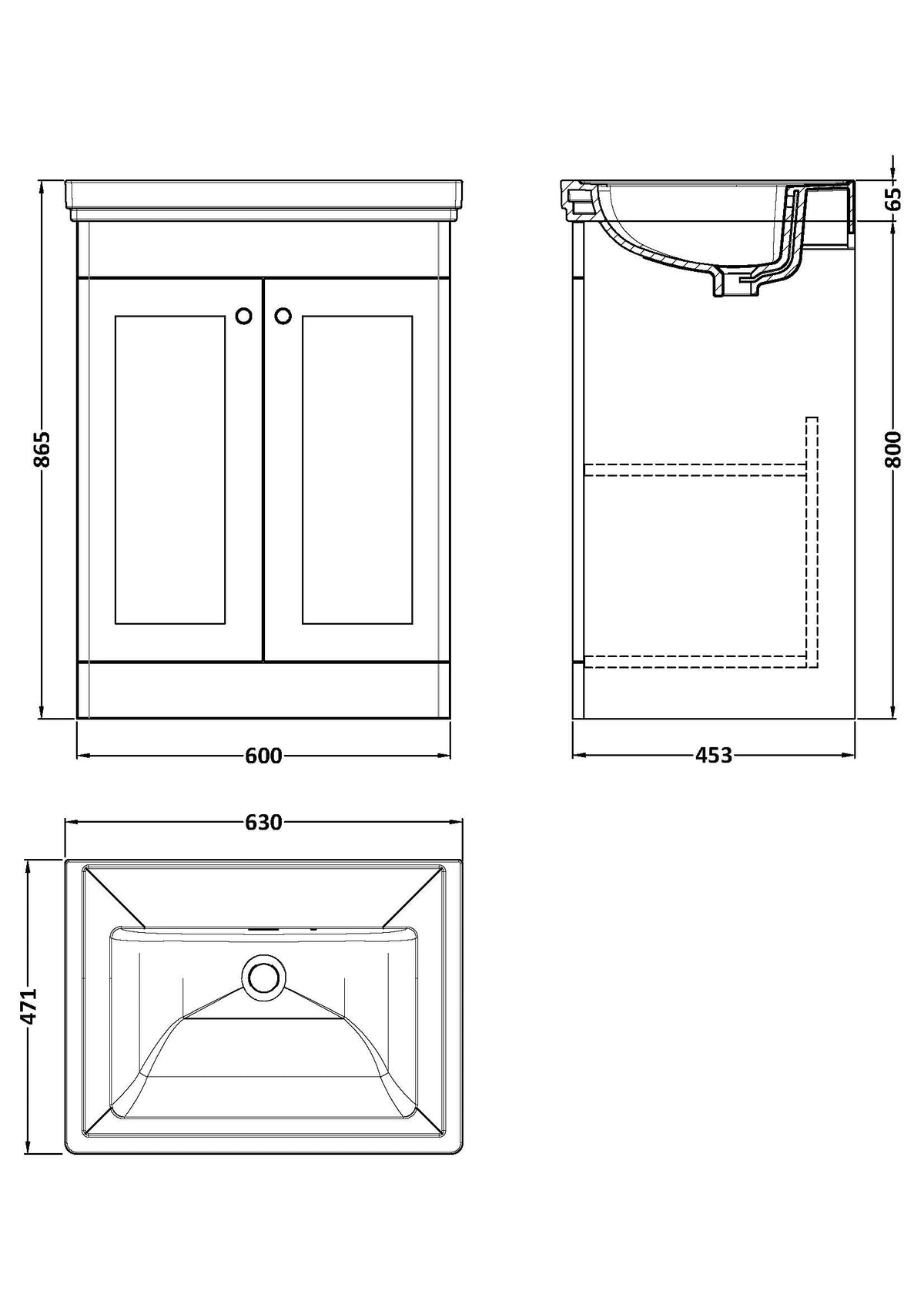 Nuie Classique Floor Standing 2 Door Vanity Unit Without Tap Hole Fireclay Basin, Elegant Sink Vanity Unit in Satin White, 600mm