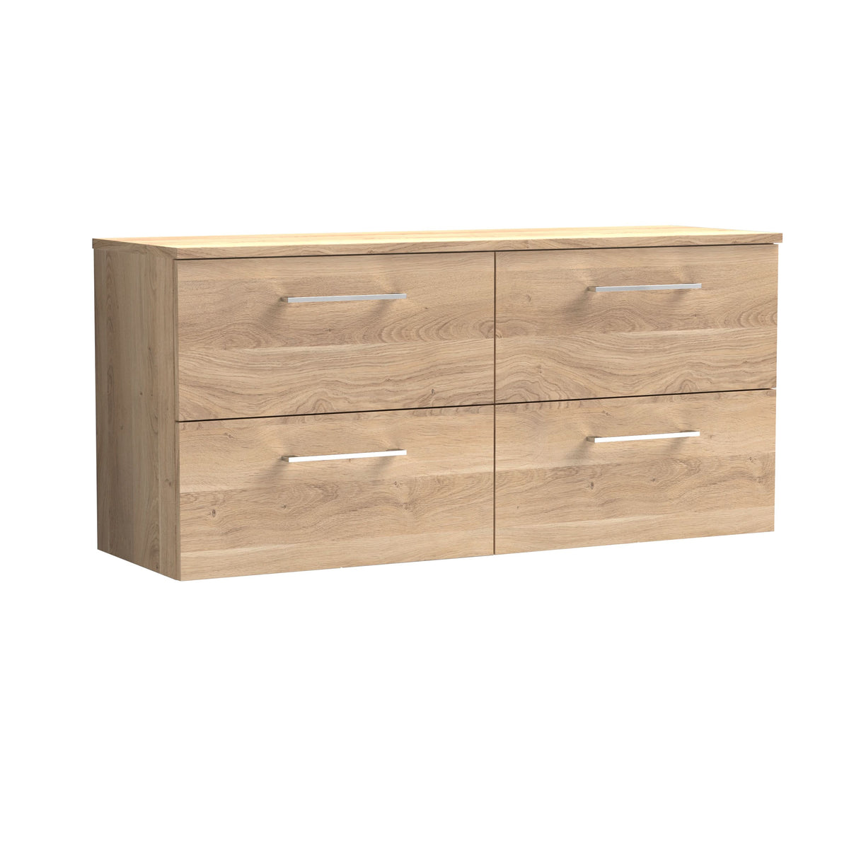 Nuie Arno Wall Hung 4-Drawer Vanity & Bleached Cuneo Oak Worktop, Stylish Counter Top Vanity Unit in Bleached Oak, 1200mm