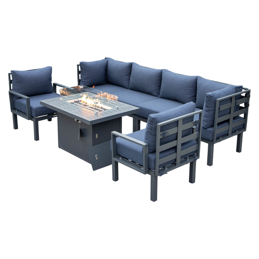 LeisureMod Chelsea 7-Piece Outdoor Sectional Sofa Set with Propane Fire Pit Table
