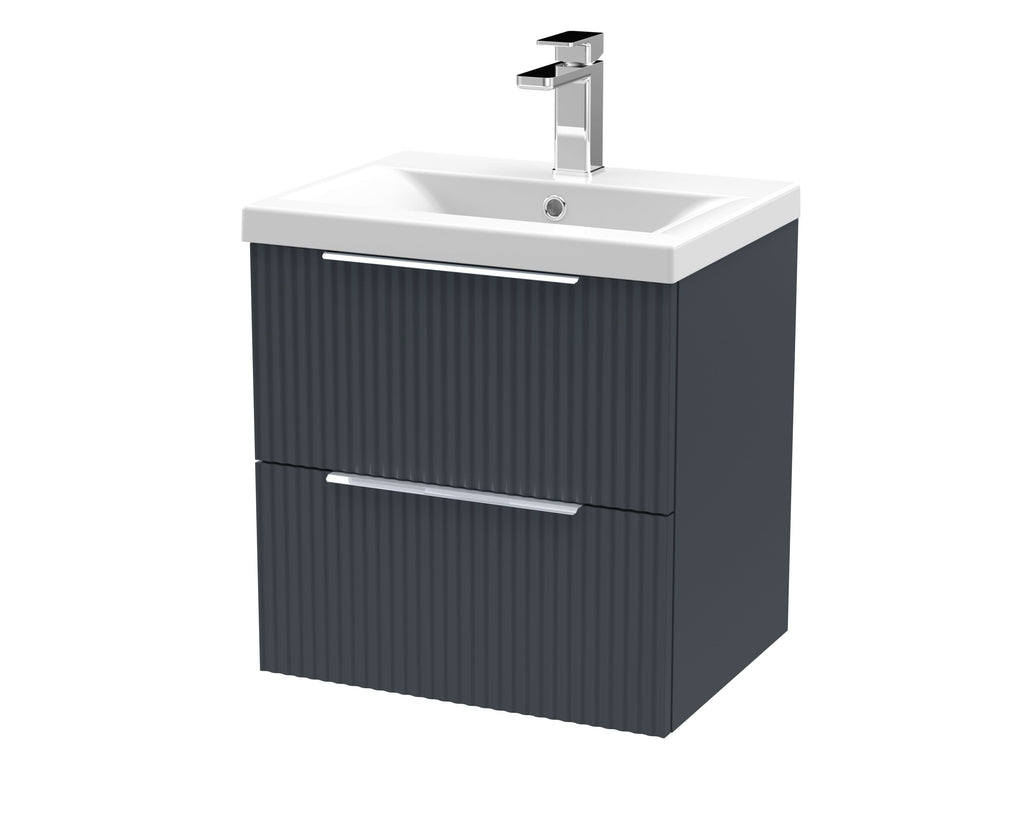 Hudson Reed Fluted Wall Hung 2-Drawer Vanity and Mid-Edge Basin, Contemporary Sink Vanity Unit, Soft Black, 500mm