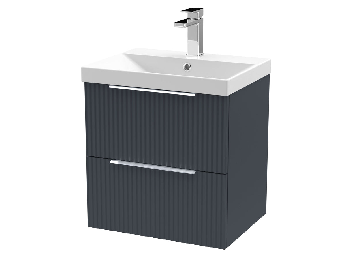 Hudson Reed Fluted Wall Hung 2-Drawer Vanity and Thin-Edge Basin, Contemporary Sink Vanity Unit, Soft Black, 500mm