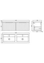 Hudson Reed Fluted Wall Hung 2-Drawer Vanity and Double Polymarble Basin, Contemporary Sink Vanity Unit, Soft Black, 1200mm