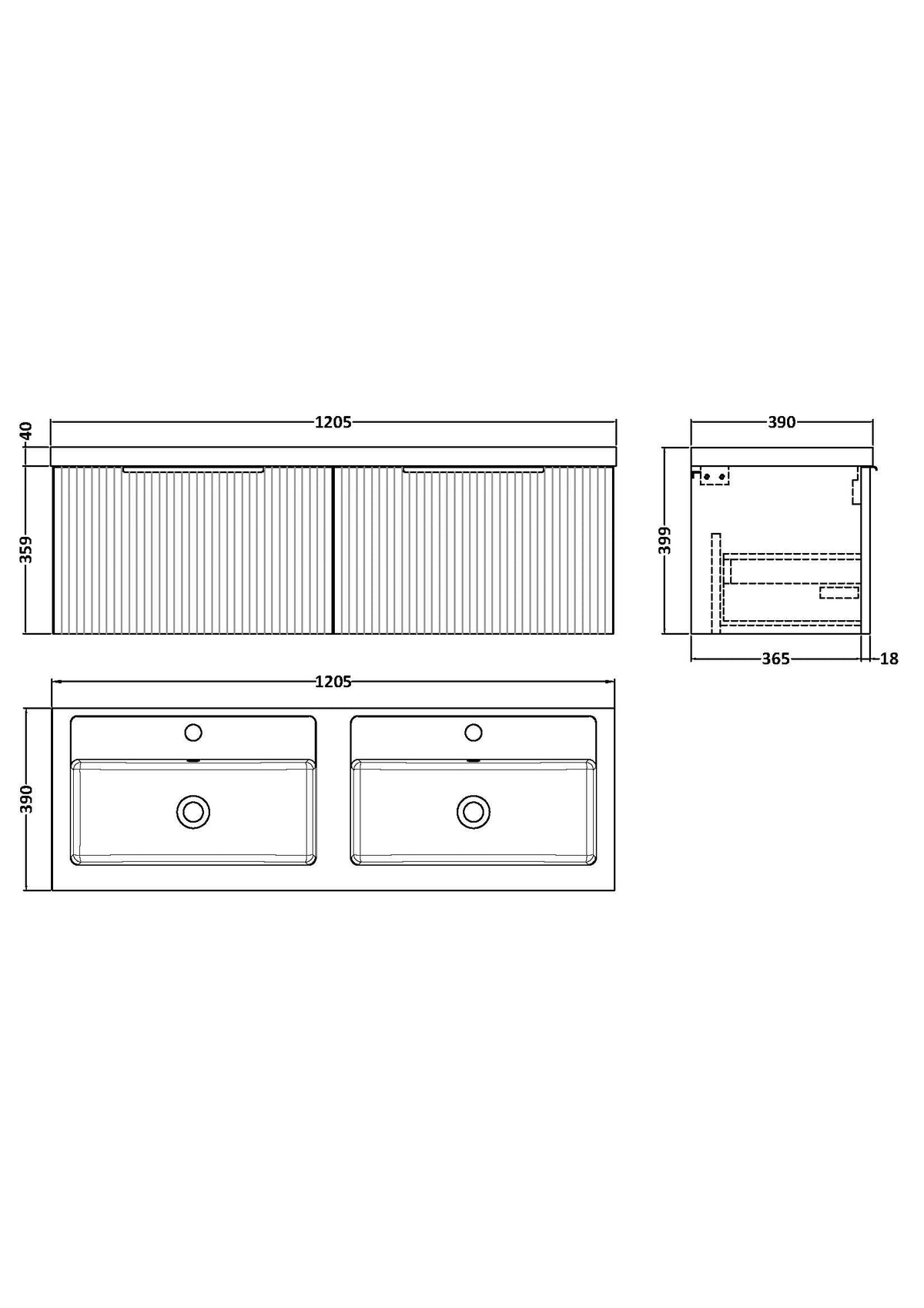 Hudson Reed Fluted Wall Hung 2-Drawer Vanity and Double Polymarble Basin, Contemporary Sink Vanity Unit, Soft Black, 1200mm