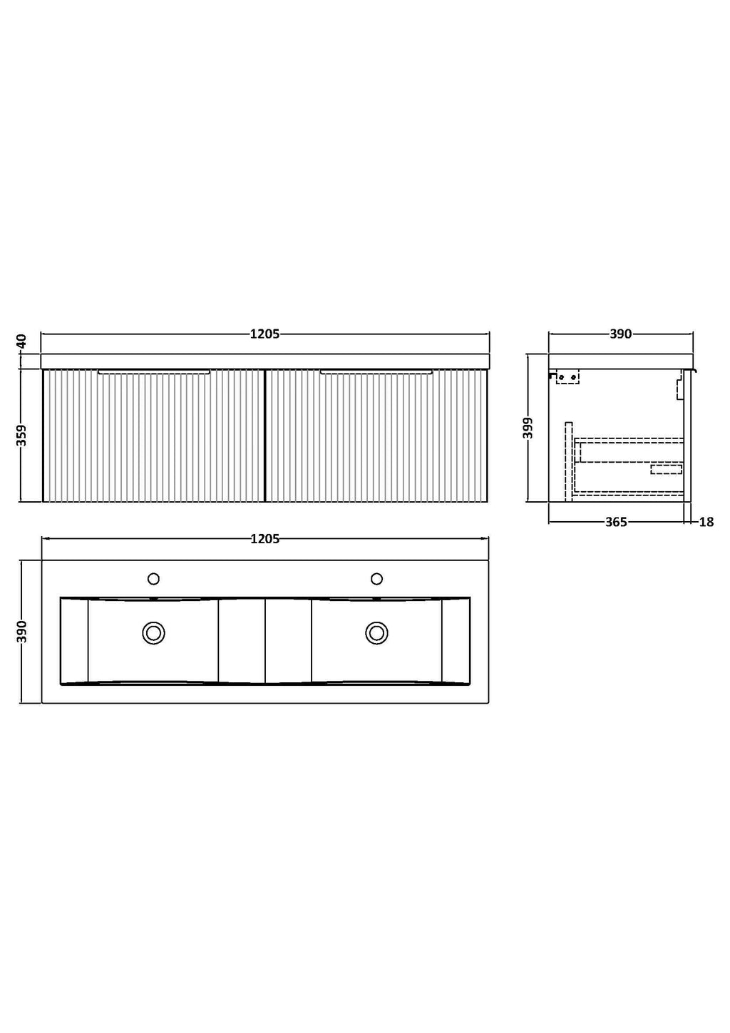 Hudson Reed Fluted Wall Hung 2-Drawer Vanity and Double Ceramic Basin, Contemporary Sink Vanity Unit, Soft Black, 1200mm