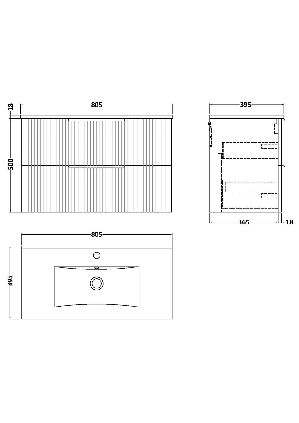 Hudson Reed Fluted Wall Hung 2-Drawer Vanity and Minimalist Basin, Contemporary Sink Vanity Unit, Soft Black, 800mm