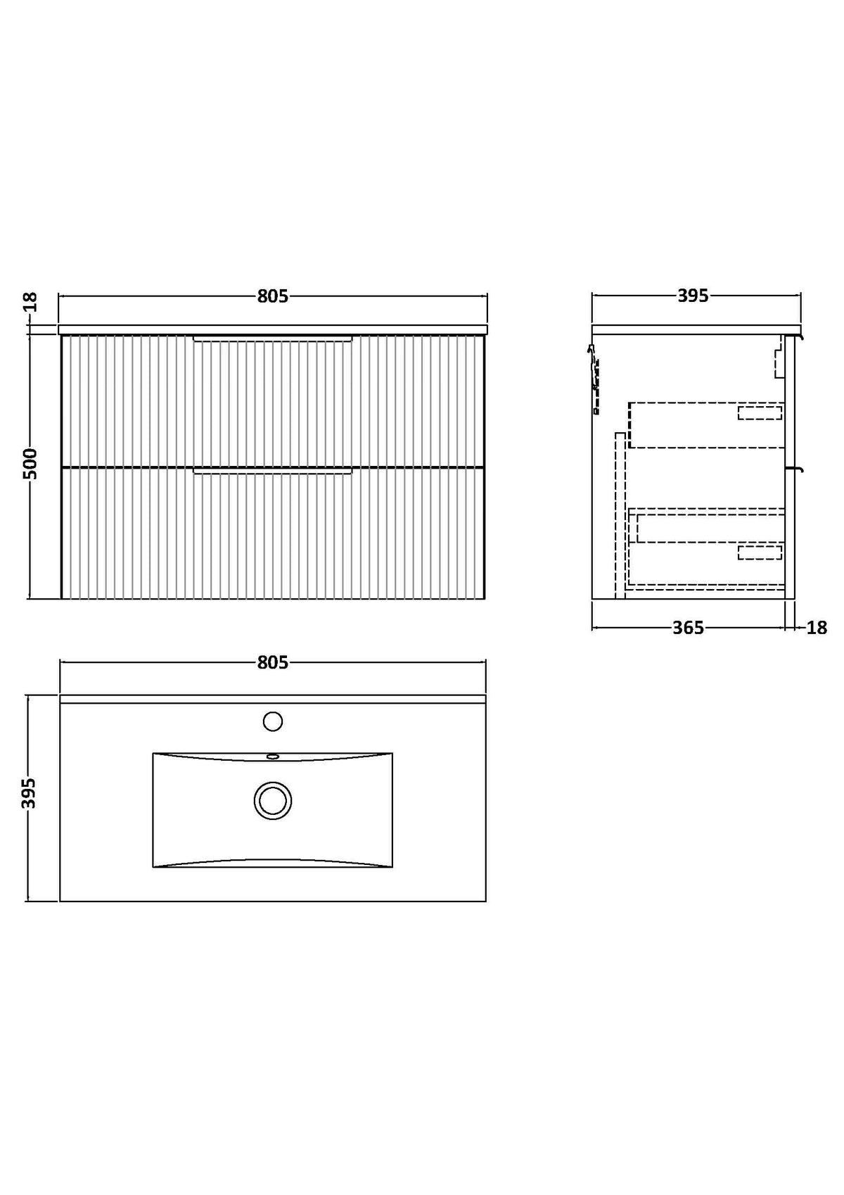 Hudson Reed Fluted Wall Hung 2-Drawer Vanity and Minimalist Basin, Contemporary Sink Vanity Unit, Soft Black, 800mm