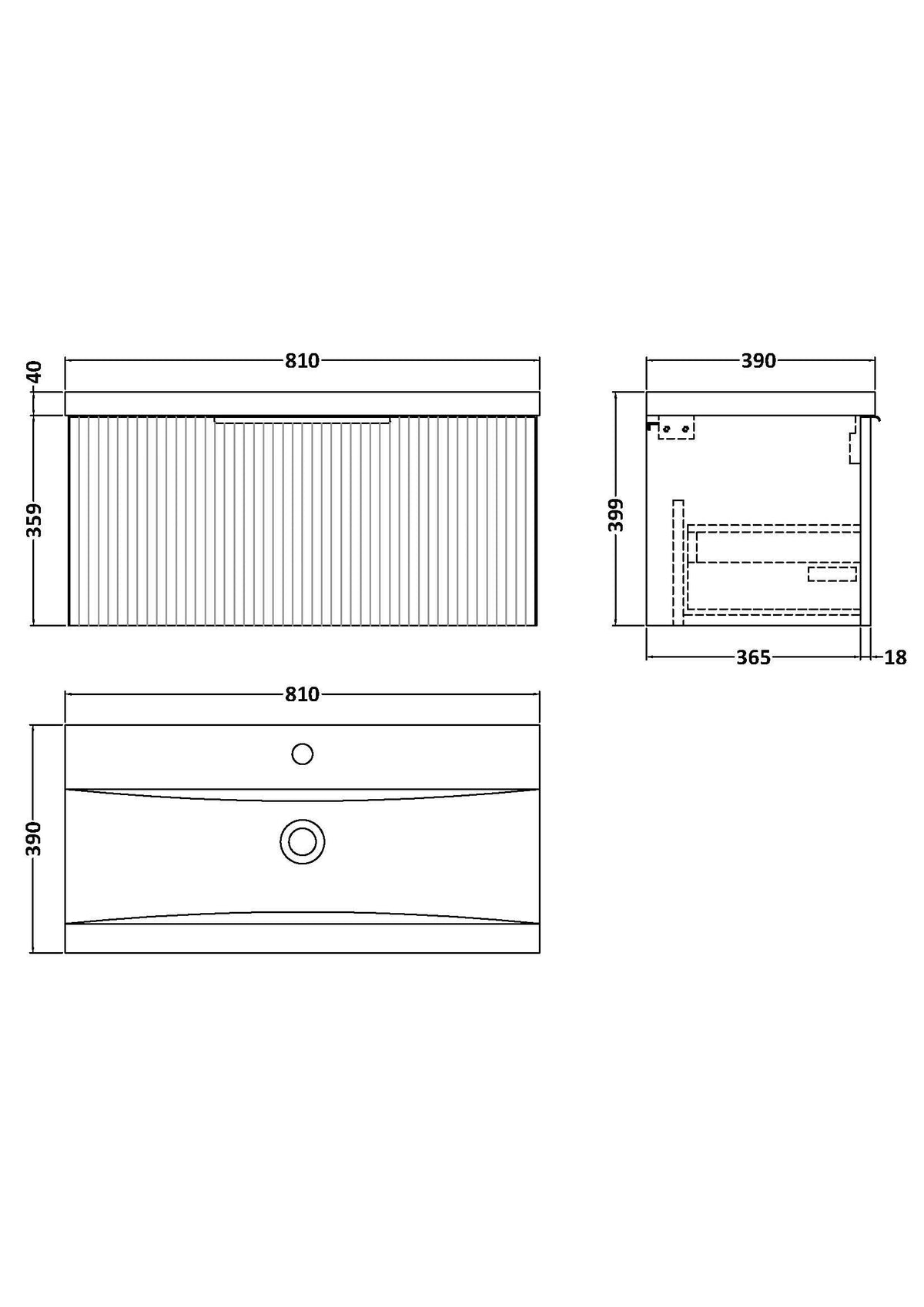 Hudson Reed Fluted Wall Hung 1-Drawer Vanity and Mid-Edge Basin, Contemporary Sink Vanity Unit, Soft Black, 800mm
