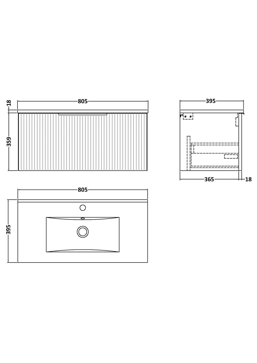 Hudson Reed Fluted Wall Hung 1-Drawer Vanity and Minimalist Basin, Contemporary Sink Vanity Unit, Soft Black, 800mm