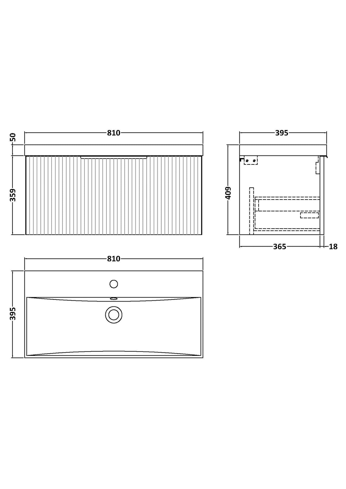Hudson Reed Fluted Wall Hung 1-Drawer Vanity and Thin-Edge Basin, Contemporary Sink Vanity Unit, Soft Black, 800mm
