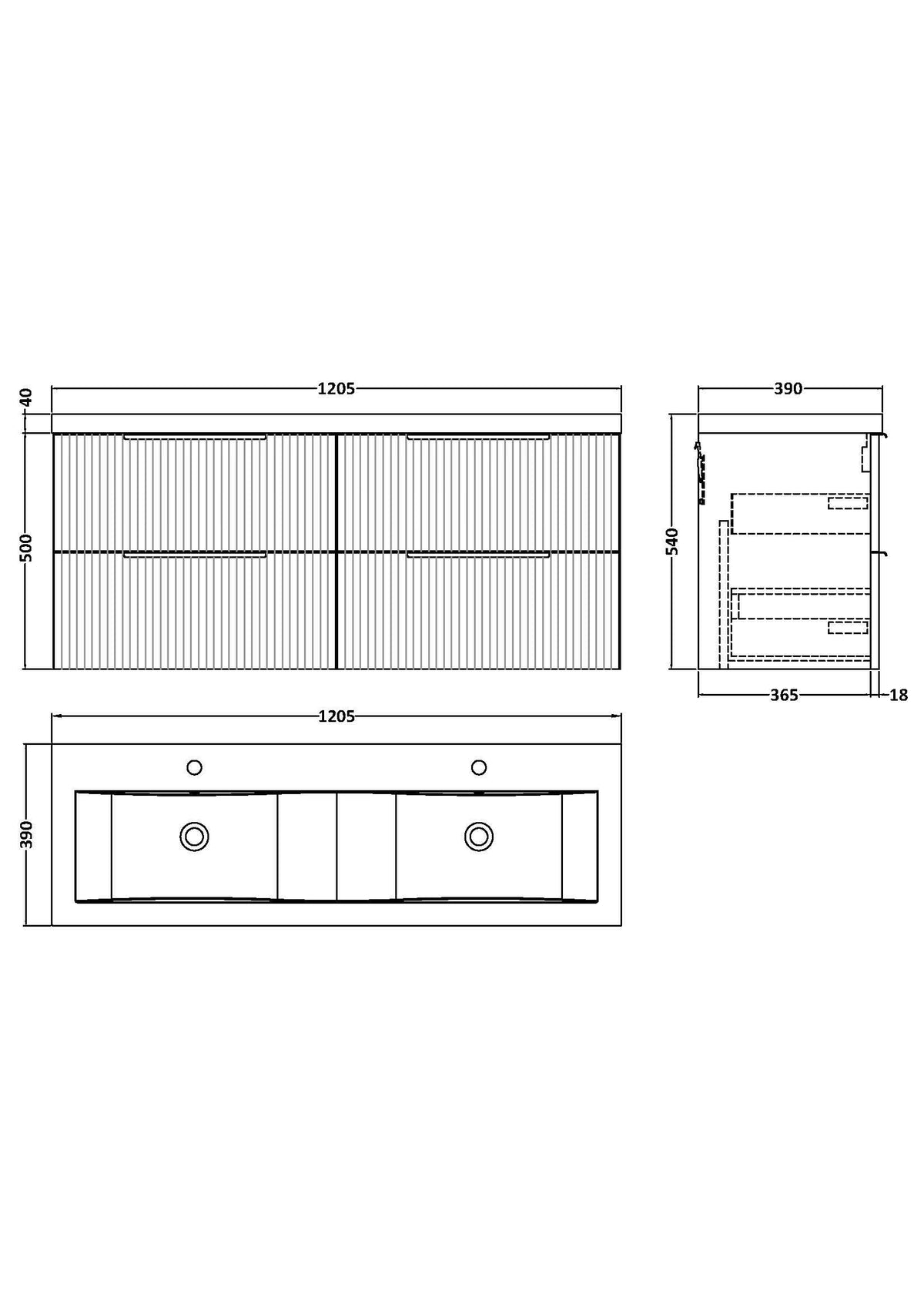 Hudson Reed Fluted Wall Hung 4-Drawer Vanity and Double Ceramic Basin, Stylish Sink Vanity Unit, Satin Grey, 1200mm