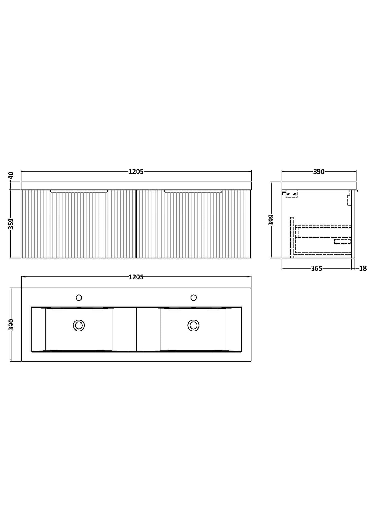 Hudson Reed Fluted Wall Hung 2-Drawer Vanity and Double Ceramic Basin, Stylish Sink Vanity Unit, Satin Grey, 1200mm