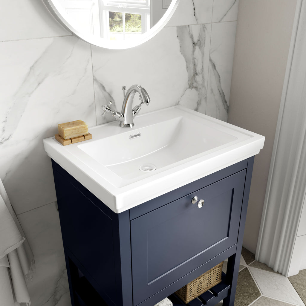 Old London Bexley Floor Standing 1 Drawer Vanity & 1 Tap Hole Fireclay Basin, Stylish Vanity Unit with Basin, Indigo Blue, 800mm