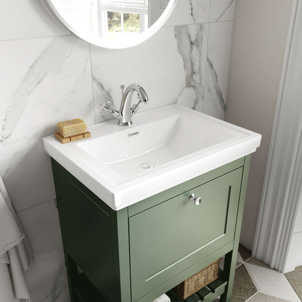 Old London Bexley Floor Standing 1 Drawer Vanity & 1 Tap Hole Fireclay Basin, Stylish Vanity Unit with Basin, Fern Green, 600mm