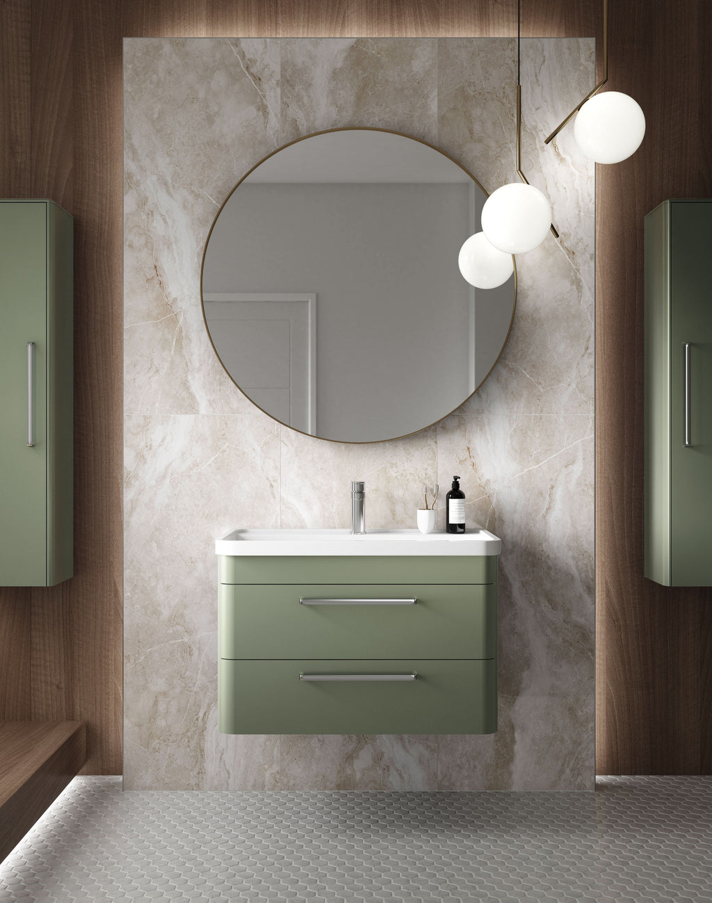 Hudson Reed Solar Wall Hung Vanity Unit with Polymarble Basin, Modern 2 Drawer Bathroom Sink Vanity Unit in  Fern Green, 600mm