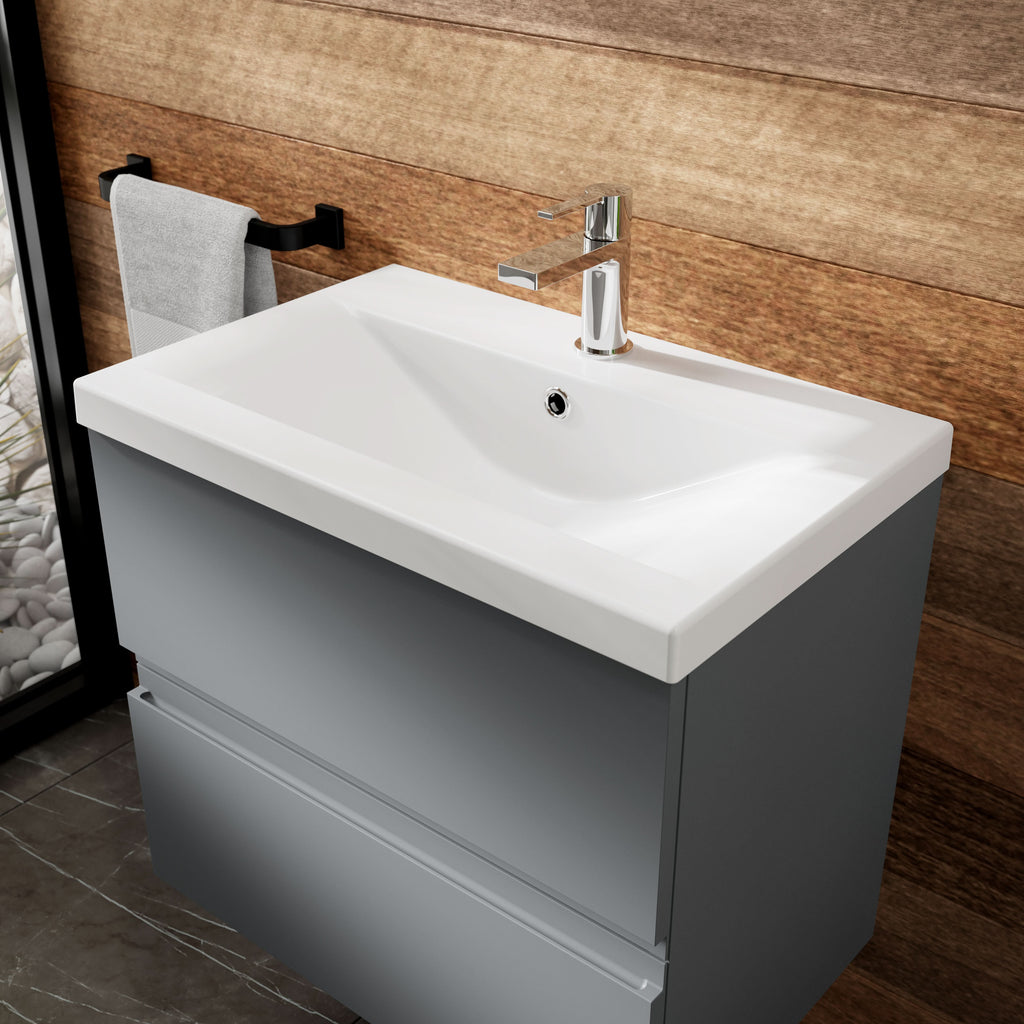 Hudson Reed Urban Wall Hung 2 Drawer Vanity Unit with Mid-Edge Ceramic Basin, Modern Bathroom Furniture in Satin Grey, 600mm