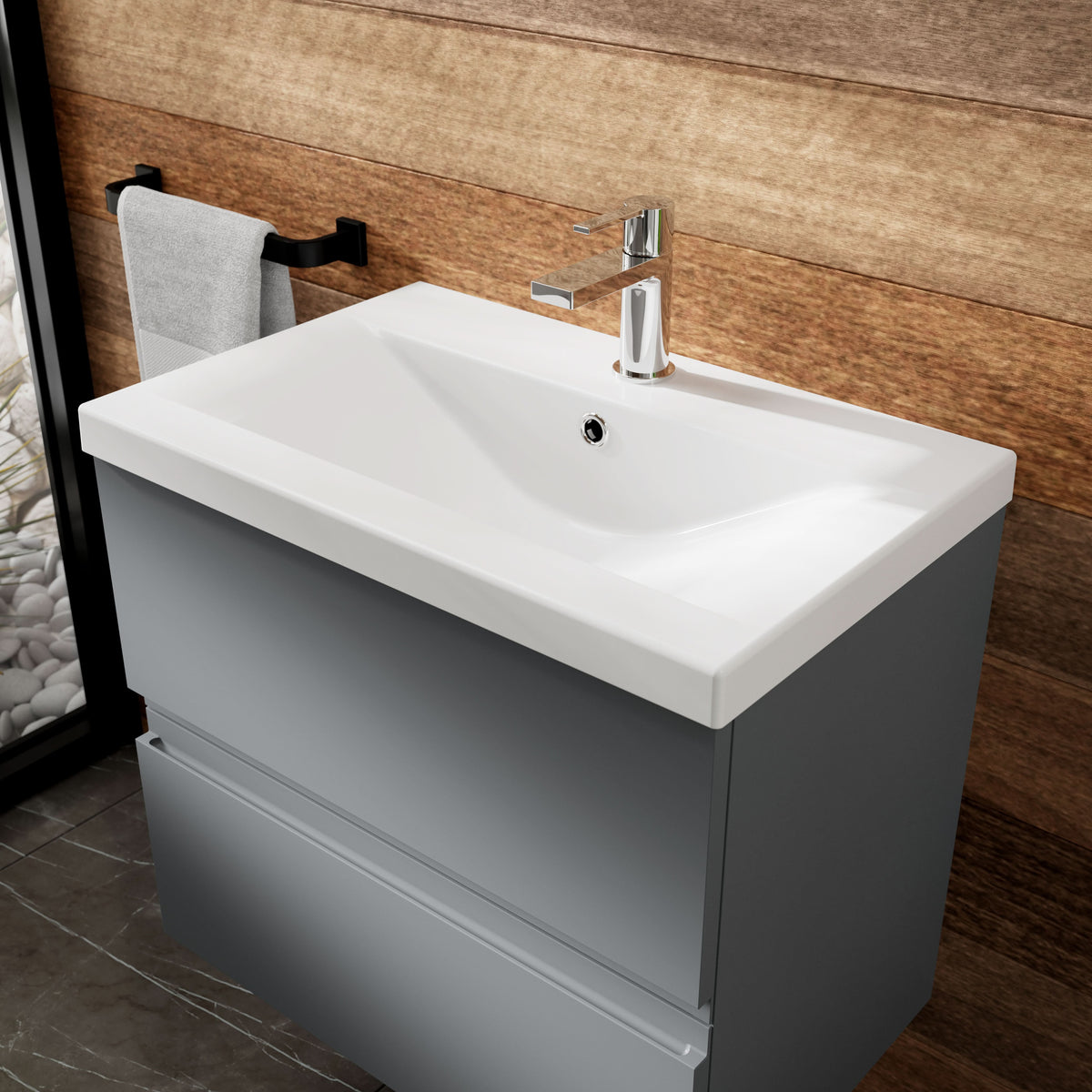 Hudson Reed Urban Wall Hung 2 Drawer Vanity Unit with Mid-Edge Ceramic Basin, Modern Bathroom Furniture in Satin Grey, 600mm