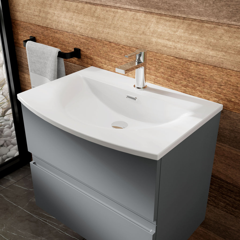 Hudson Reed Urban Wall Hung 2 Drawer Vanity Unit with Curved Ceramic Basin, Modern Bathroom Furniture in Satin Grey, 600mm