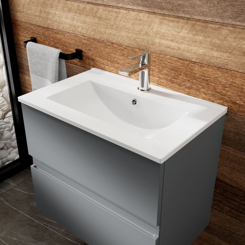 Hudson Reed Urban Wall Hung 2 Drawer Vanity Unit with Minimalist Ceramic Basin, Modern Bathroom Furniture in Satin Grey, 800mm