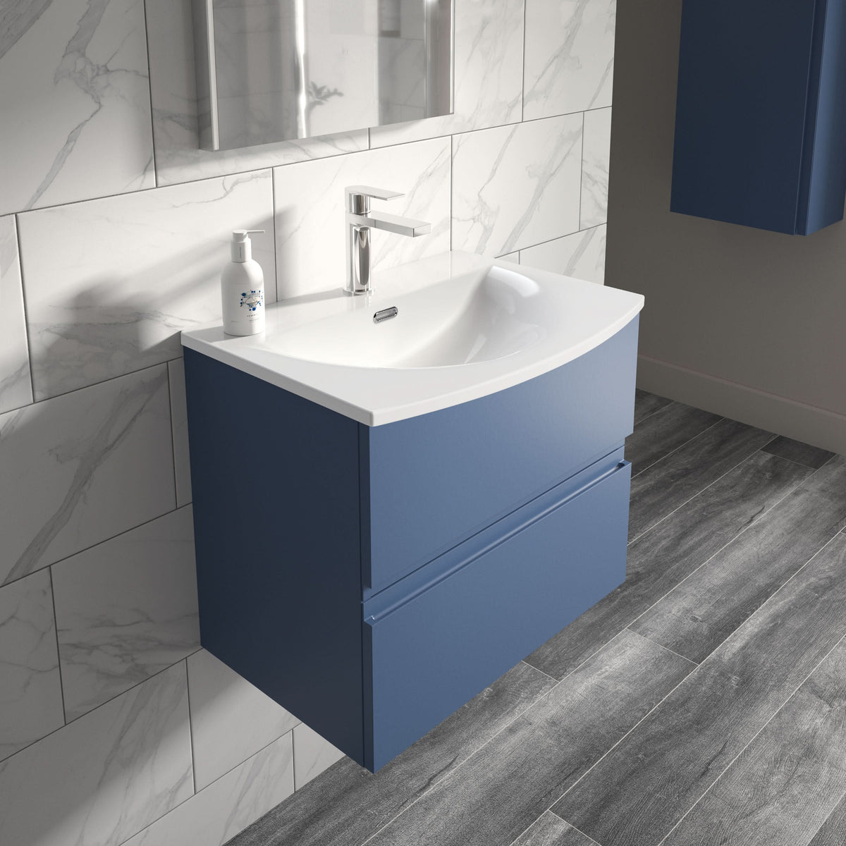 Hudson Reed Urban Wall Hung 2 Drawer Vanity Unit with Curved Ceramic Basin, Modern Bathroom Furniture in Satin Blue, 500mm