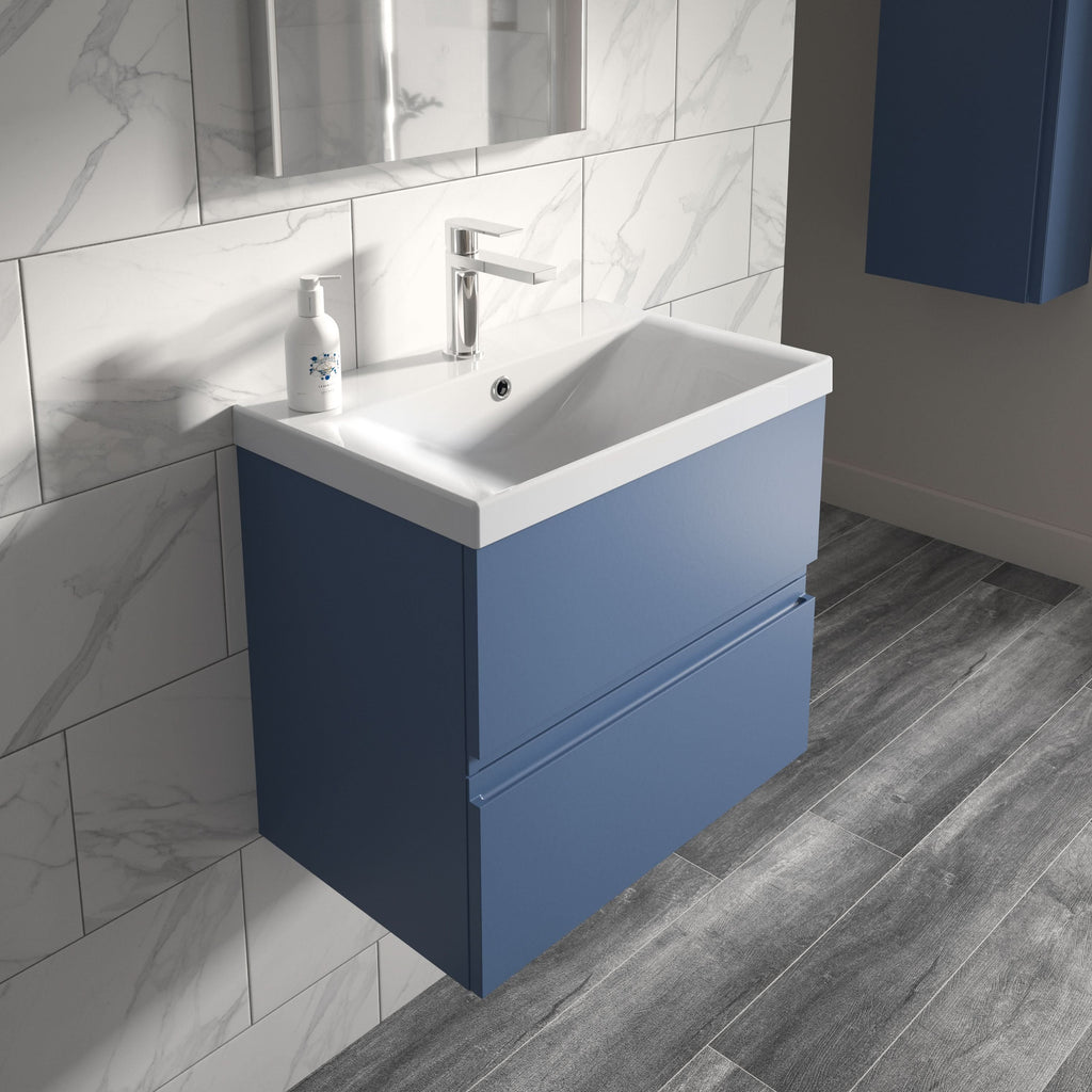 Hudson Reed Urban Wall Hung 2 Drawer Vanity Unit with Thin-Edge Ceramic Basin, Modern Bathroom Furniture in Satin Blue, 600mm
