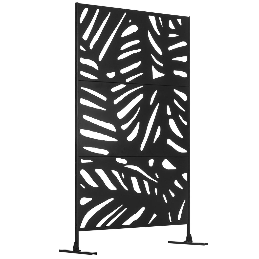 6.5FT Decorative Outdoor Divider, Metal Privacy Screen with Stand, Leaf Style, Black