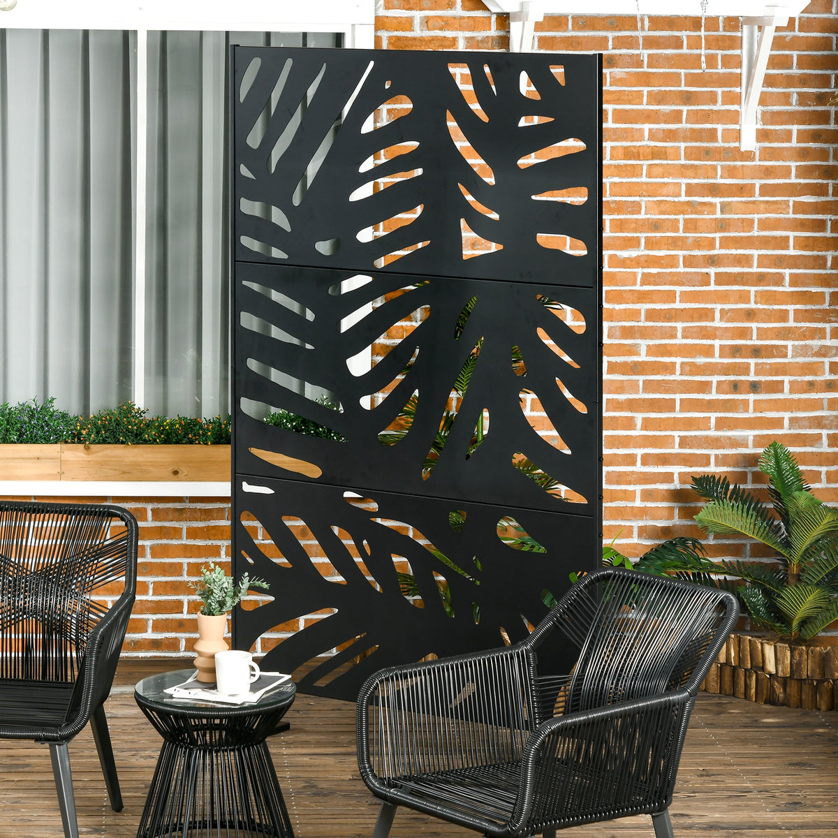 6.5FT Decorative Outdoor Divider, Metal Privacy Screen with Stand, Leaf Style, Black