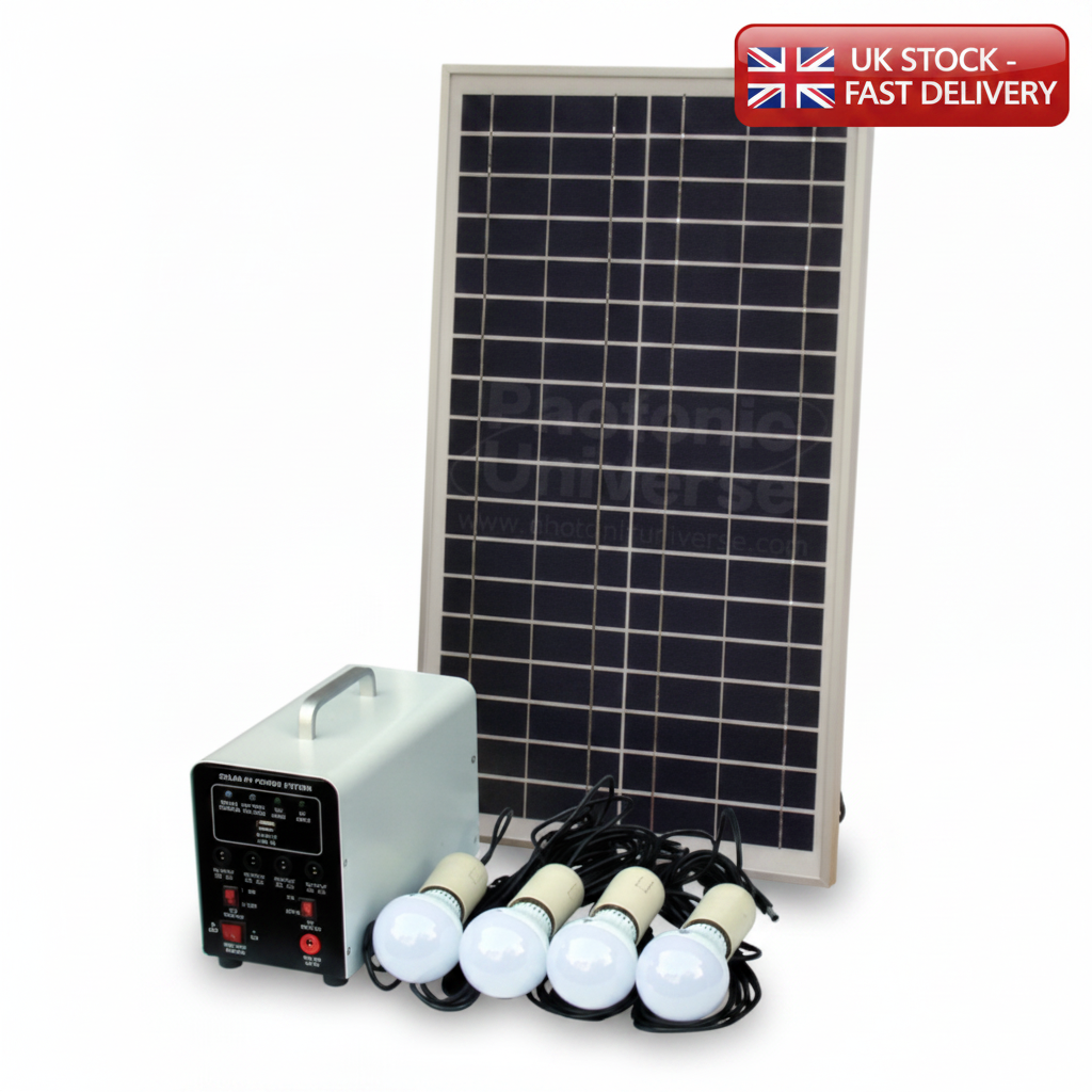 25W Off-Grid Solar Lighting System with 4 LED Lights, Solar Panel and Battery