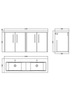 Hudson Reed Fluted Wall Hung 4-Door Vanity and Double Vitreous China Basin, Contemporary Sink Vanity Unit, Coastal Grey, 1200mm