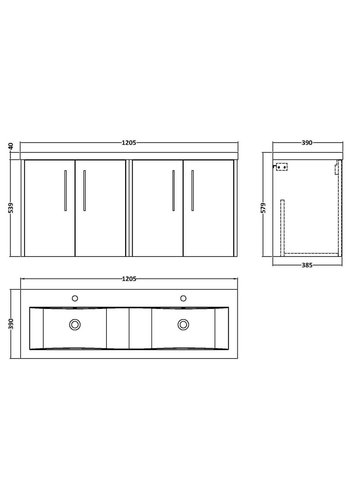 Hudson Reed Fluted Wall Hung 4-Door Vanity and Double Vitreous China Basin, Contemporary Sink Vanity Unit, Coastal Grey, 1200mm