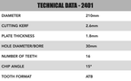 Circular Saw Blades 210mm x 30mm x 2.6mm 16T ATB  - Cougar