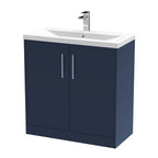 Hudson Reed Juno Floor Standing Vanity Unit with White Basin 1 Tap Hole, Modern Sink Vanity Unit for Bathroom, Soft Close Doors Stylish Storage Solution in Midnight Blue, 800mm