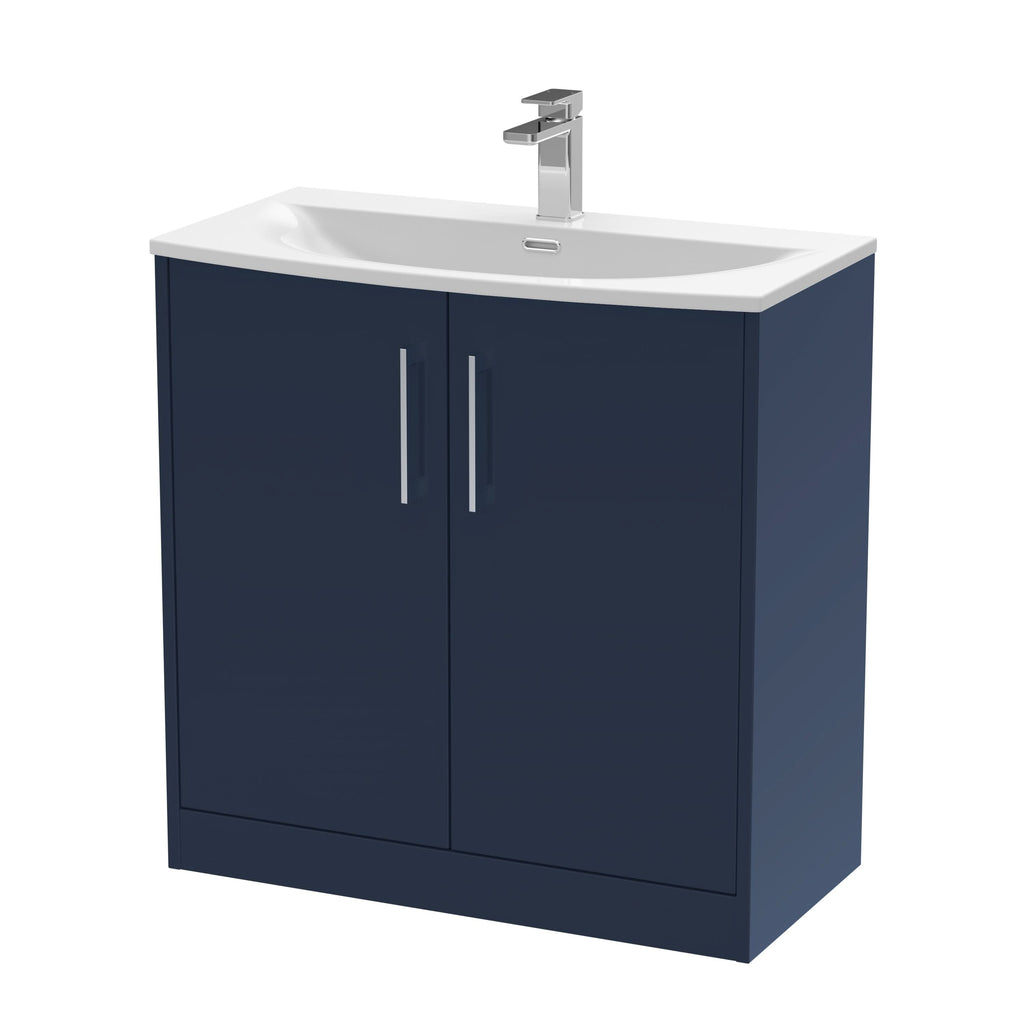 Hudson Reed Juno Floor Standing Vanity Unit with White Basin, Bathroom Vanity Unit with Soft Close Doors, China Sink Basin & Modern D-Shape Handles in Midnight Blue, 800mm