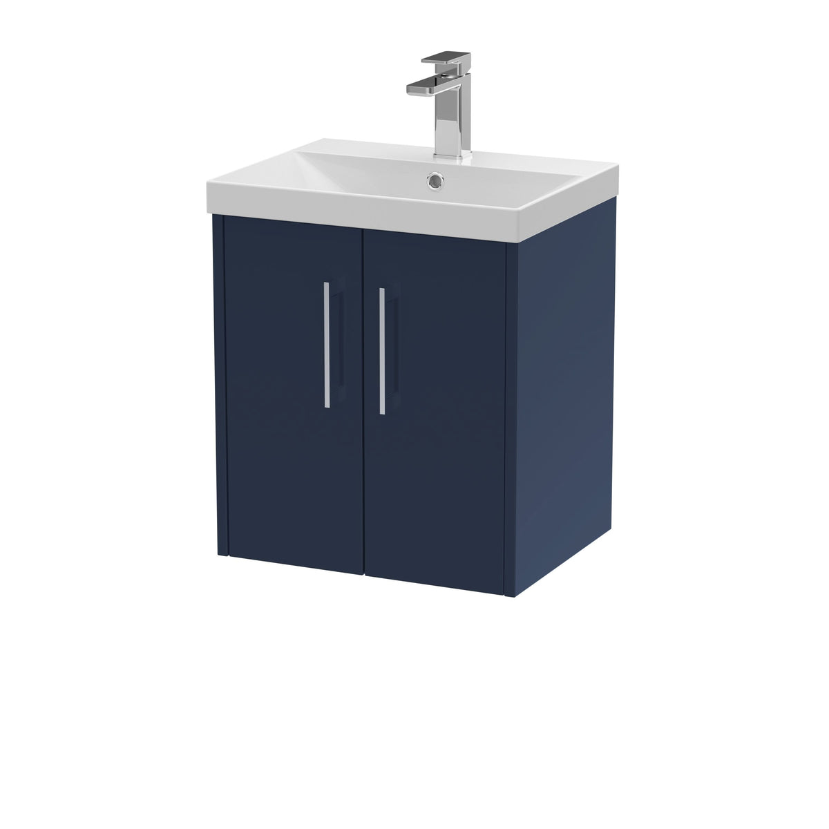 Hudson Reed Juno Wall Hung Vanity Unit with White Basin, Modern Sink Cabinet, Soft Close Doors, Compact Bathroom Storage, Vanity Unit in Bathroom in Midnight Blue, 500mm