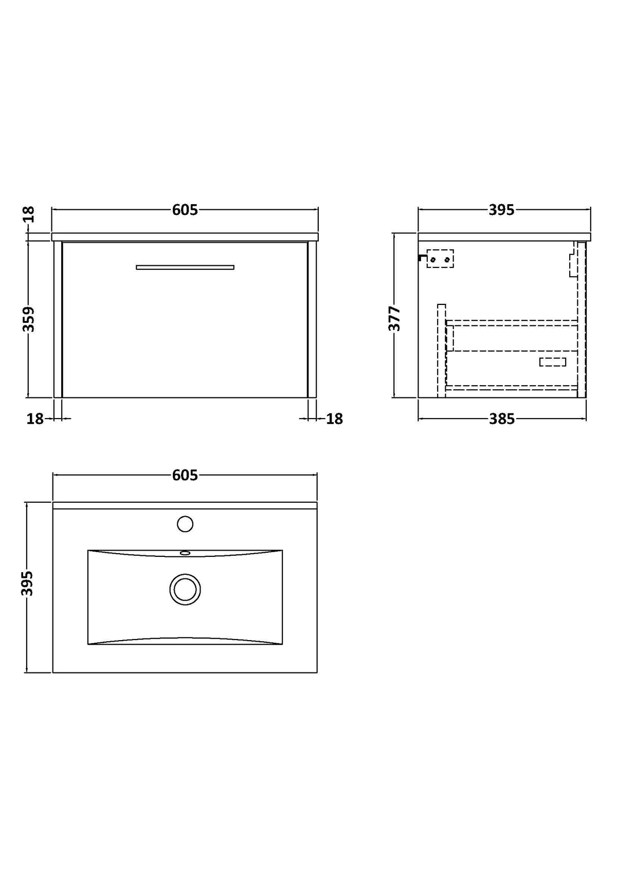 Hudson Reed Juno Wall Hung Vanity Unit with White Basin, Modern Single Drawer Bathroom Vanity Unit with Basin, Sink Vanity Unit Design in Midnight Blue, 600mm