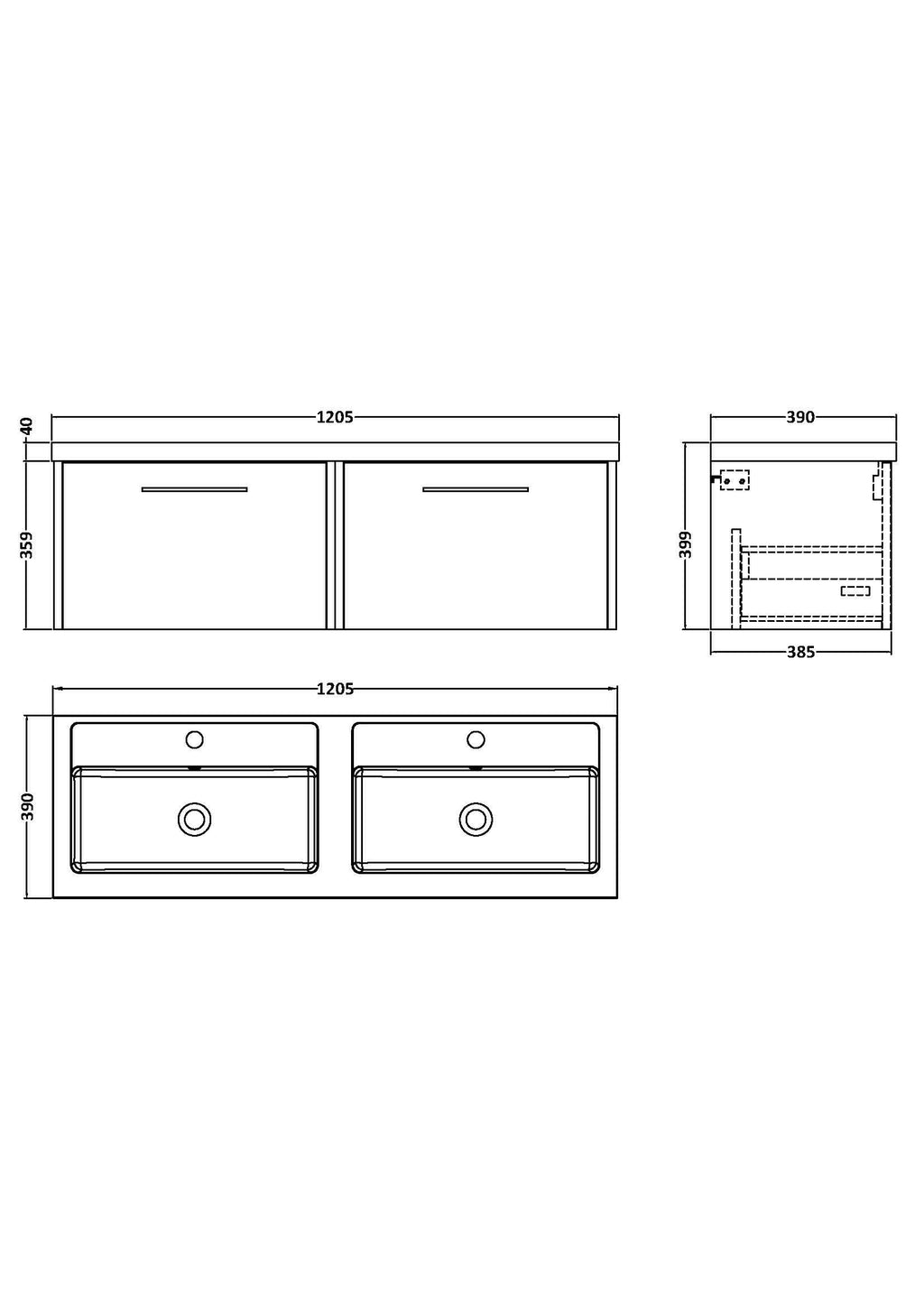 Hudson Reed Juno Wall Hung 2-Drawer Vanity Unit with Double White Basin, Modern Bathroom Vanity Unit with Basin, Soft Close Storage in Midnight Blue, 1200mm