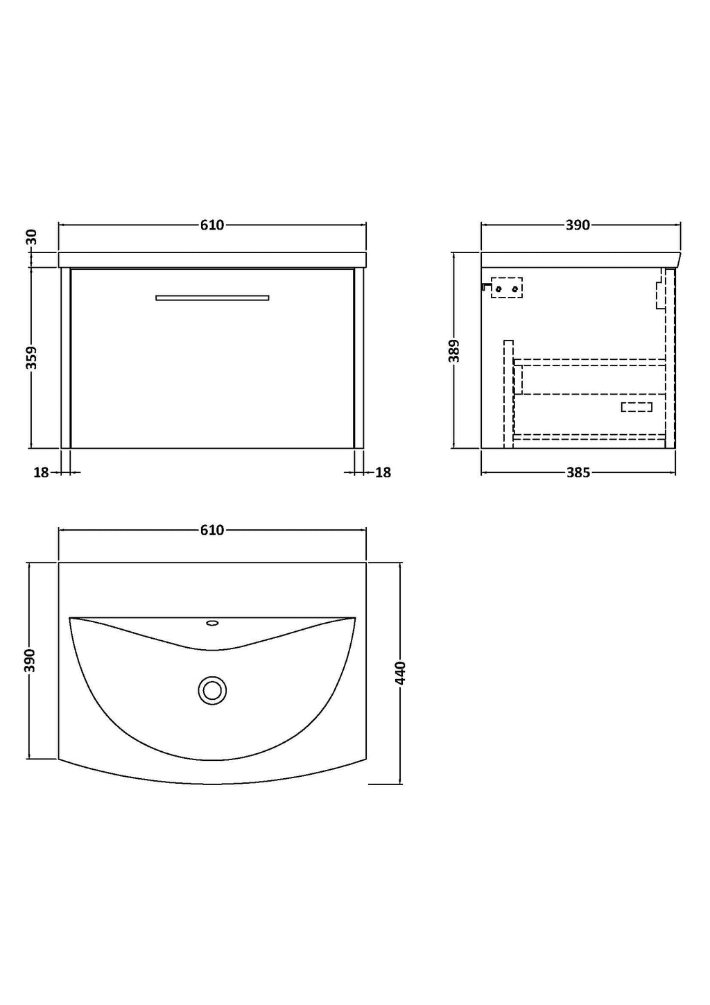 Hudson Reed Juno Wall Hung Single Drawer Vanity Unit with White Basin, Bathroom Vanity Unit with Basin, Modern Sink Vanity Unit for Bathroom in Midnight Blue, 600mm
