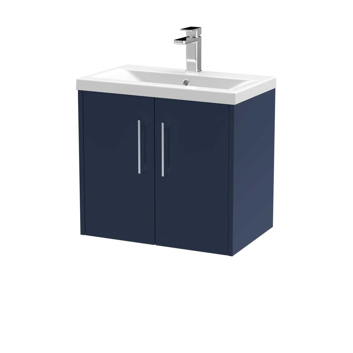 Hudson Reed Juno Wall Hung Vanity Unit with Basin with Pre-Drilled Tap Hole, Durable 2 Soft Close Doors Modern Bathroom Vanity Unit in Midnight Blue Finish, 600mm