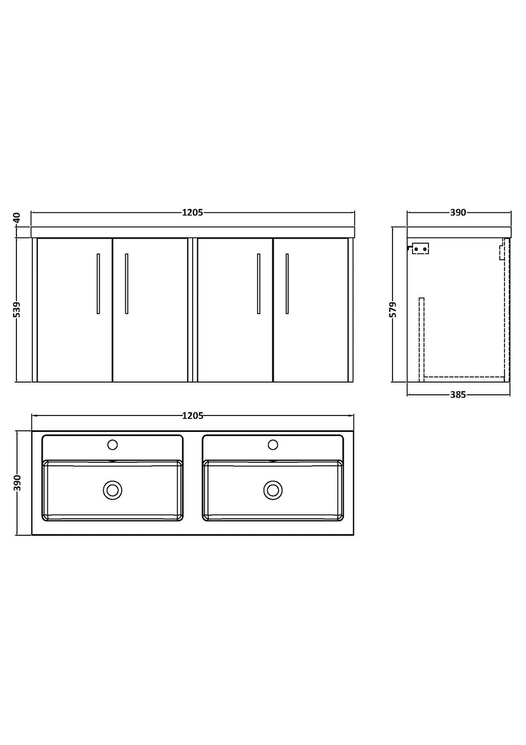 Hudson Reed Juno Wall Hung Vanity Unit with 4 Soft Close Doors & Double Basin, Modern Wall Hung Vanity Unit with Basin for Contemporary Bathrooms in Midnight Blue, 1200mm