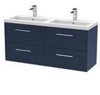 Hudson Reed Juno Wall Hung Vanity Unit with Double Basin 2 Tap Holes, 4 Soft Close Drawers with D Shape Handles Modern Vanity Units in Bathroom in Midnight Blue, 1200mm