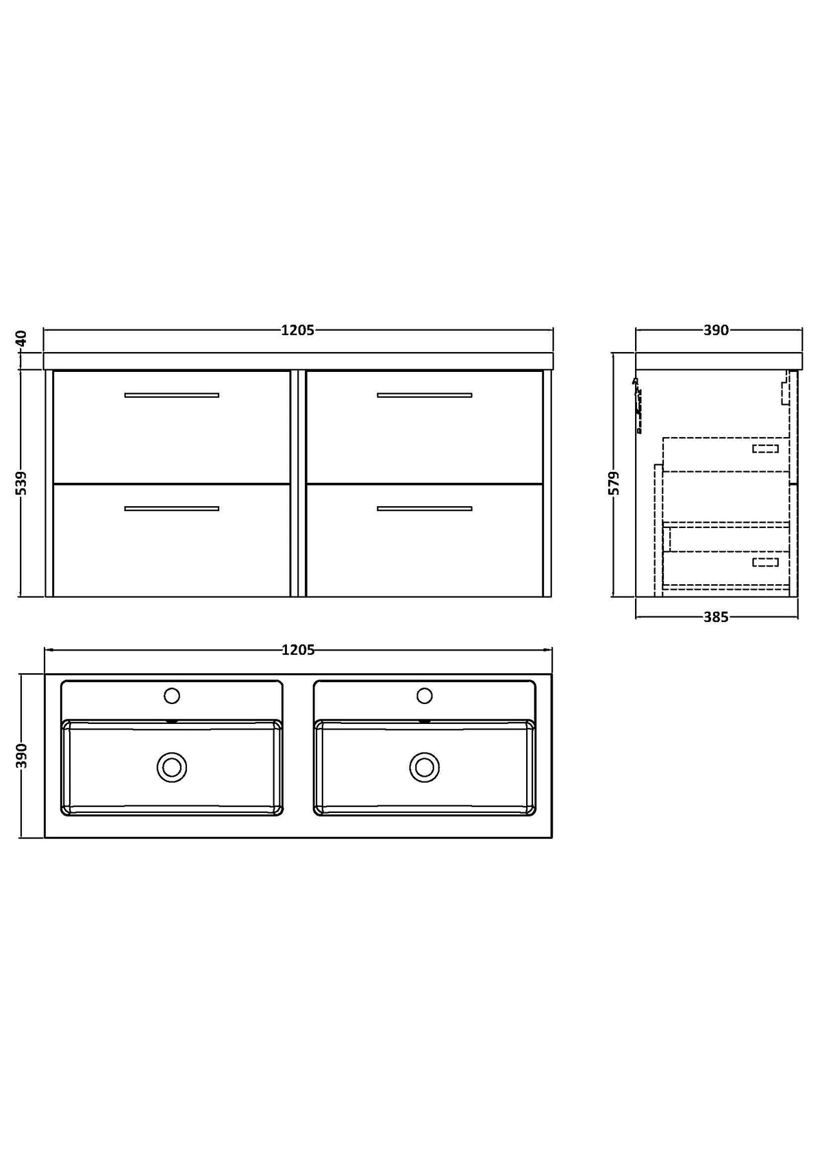 Hudson Reed Juno Wall Hung Vanity Unit with Double Basin 2 Tap Holes, 4 Soft Close Drawers with D Shape Handles Modern Vanity Units in Bathroom in Midnight Blue, 1200mm
