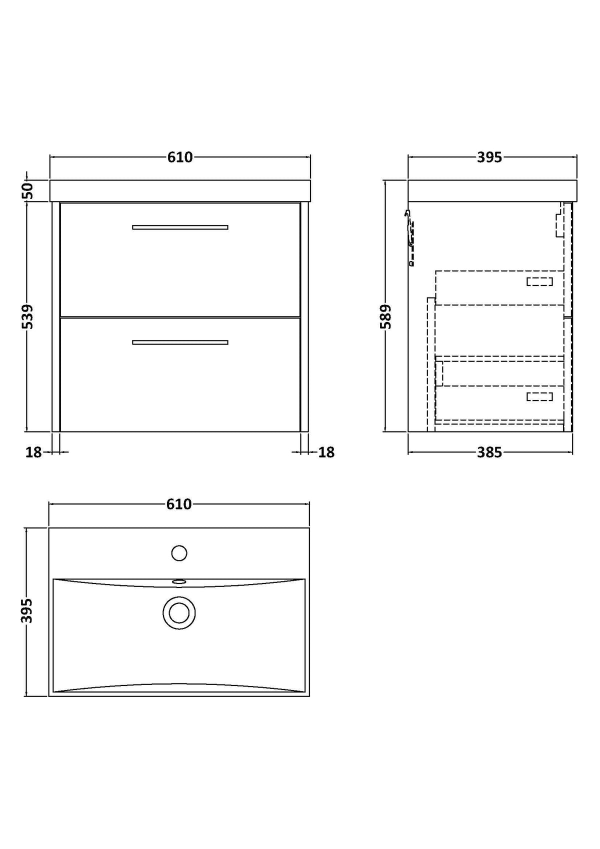 Hudson Reed Juno Wall Hung Vanity Unit with Basin 1 Tap Hole, 2 Soft Close Drawers with D Shape Handles, Modern Sink Vanity Unit for Bathroom in Midnight Blue, 600mm