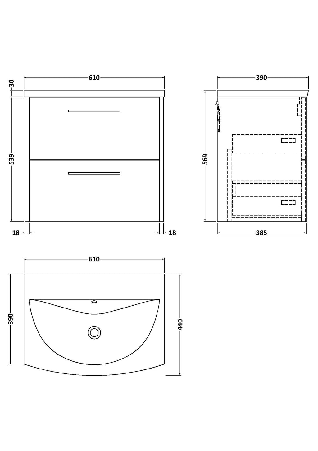 Hudson Reed Juno Wall Hung Vanity Unit with Basin 1 Tap Hole, 2 Soft Close Drawers with D Shape Handles Modern Sink Vanity Unit for Bathrooms in Midnight Blue, 600mm
