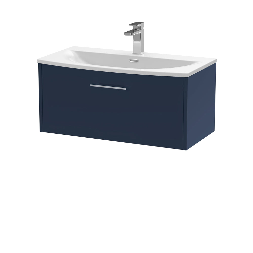 Hudson Reed Juno Wall Hung Vanity Unit with Basin 1 Tap Hole, Soft Close Drawer with D Shape Handle, Modern Sink Vanity Unit for Bathroom Spaces in Midnight Blue, 800mm