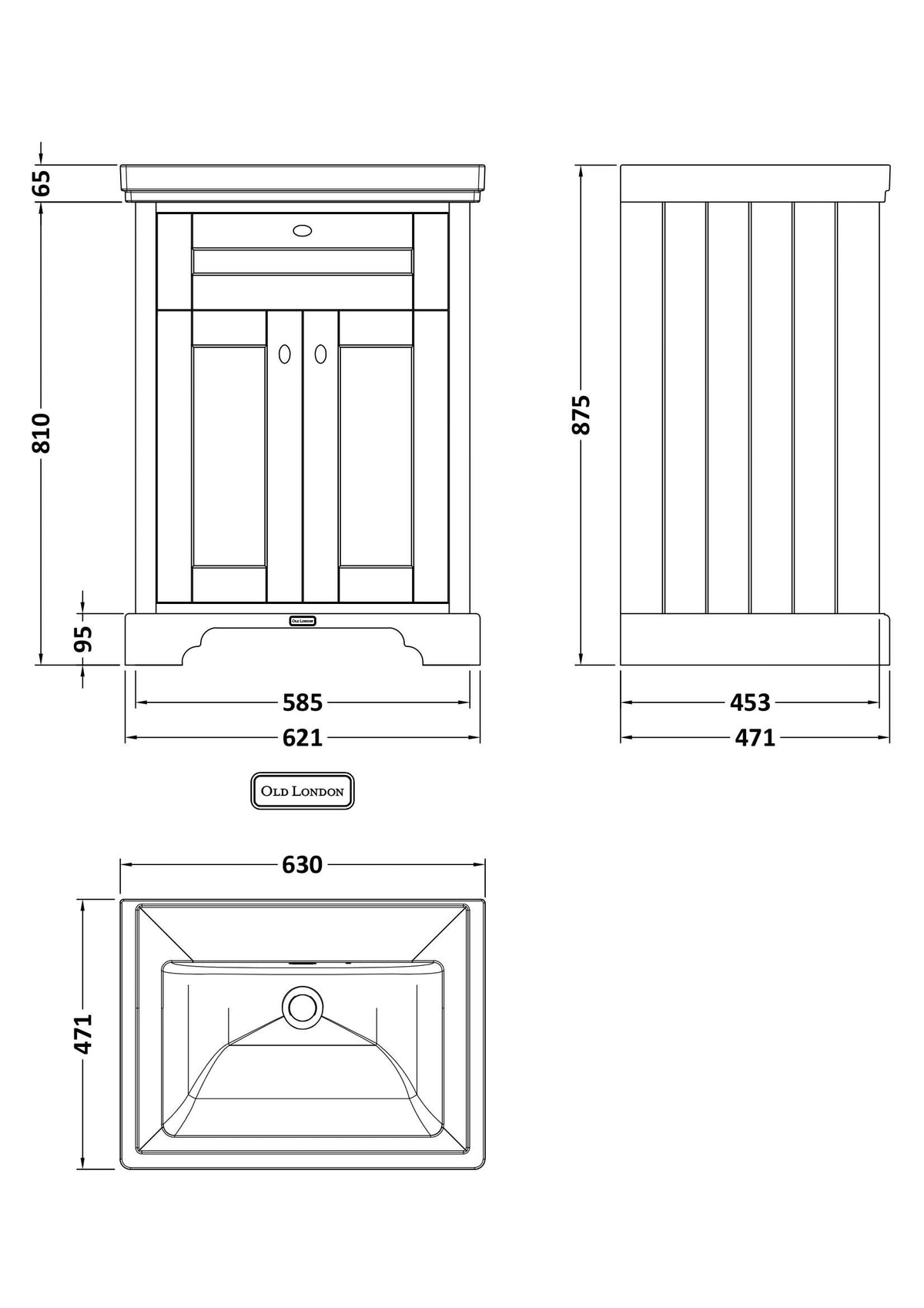 Old London Floor Standing Vanity Unit with Fireclay Basin Traditional 2 Door Sink Vanity Unit for Wall Mounted Taps, Bathroom Vanity Unit with Basin in Storm Grey, 600mm