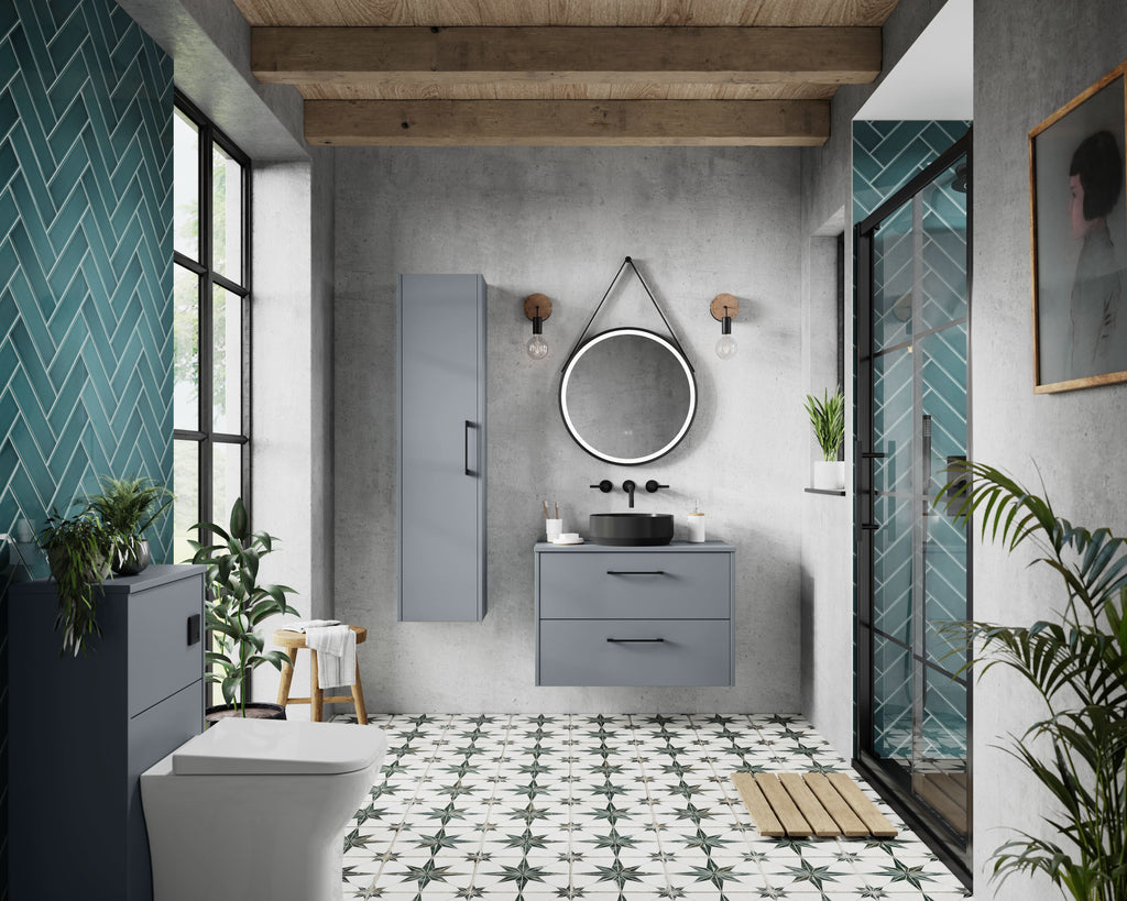 Hudson Reed Juno Wall Hung 2-Drawer Vanity Unit & Coastal Grey Worktop, Stylish Countertop Basin Unit in Coastal Grey, 600mm