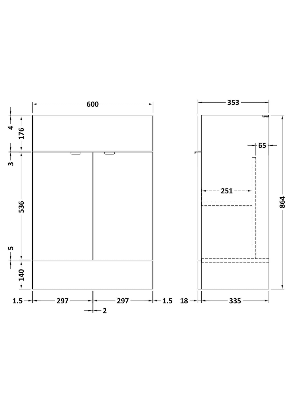 Hudson Reed Fusion Fitted Floor Standing Vanity Unit, 2 Soft Close Door Compact Bathroom Unit in Charcoal Black, 600mm (355Mm Deep)